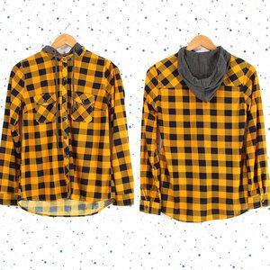 Hooded Plaid Button Up Shirt Mustard Navy